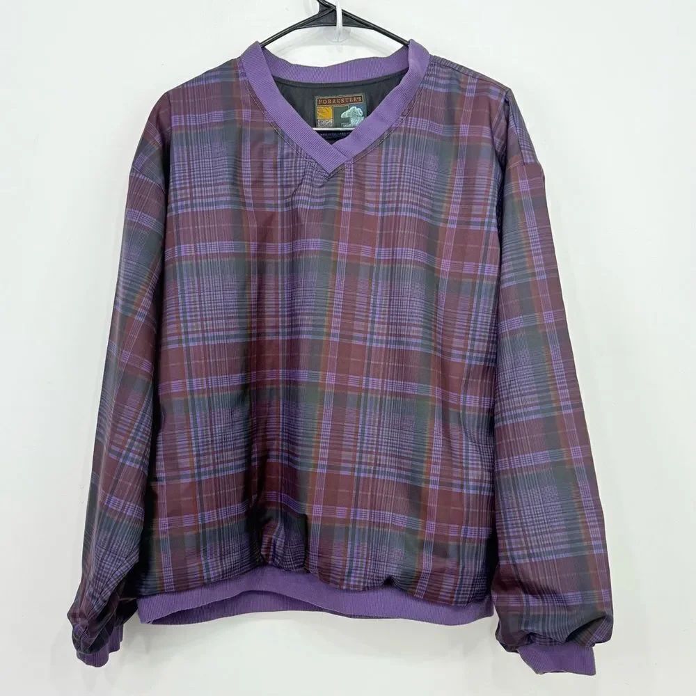 Forrester's Vintage Purple Black Plaid V Neck Water Resistant Pullover
